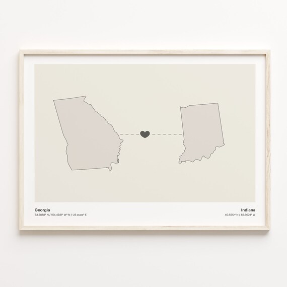 Georgia To Indiana Minimalist Heart State Map Connection Print