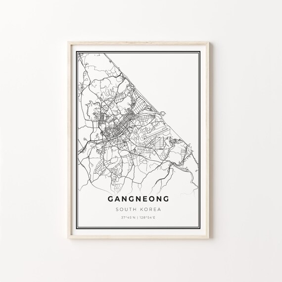 Gangneong South Korea Minimalist Black White City Map Art Poster
