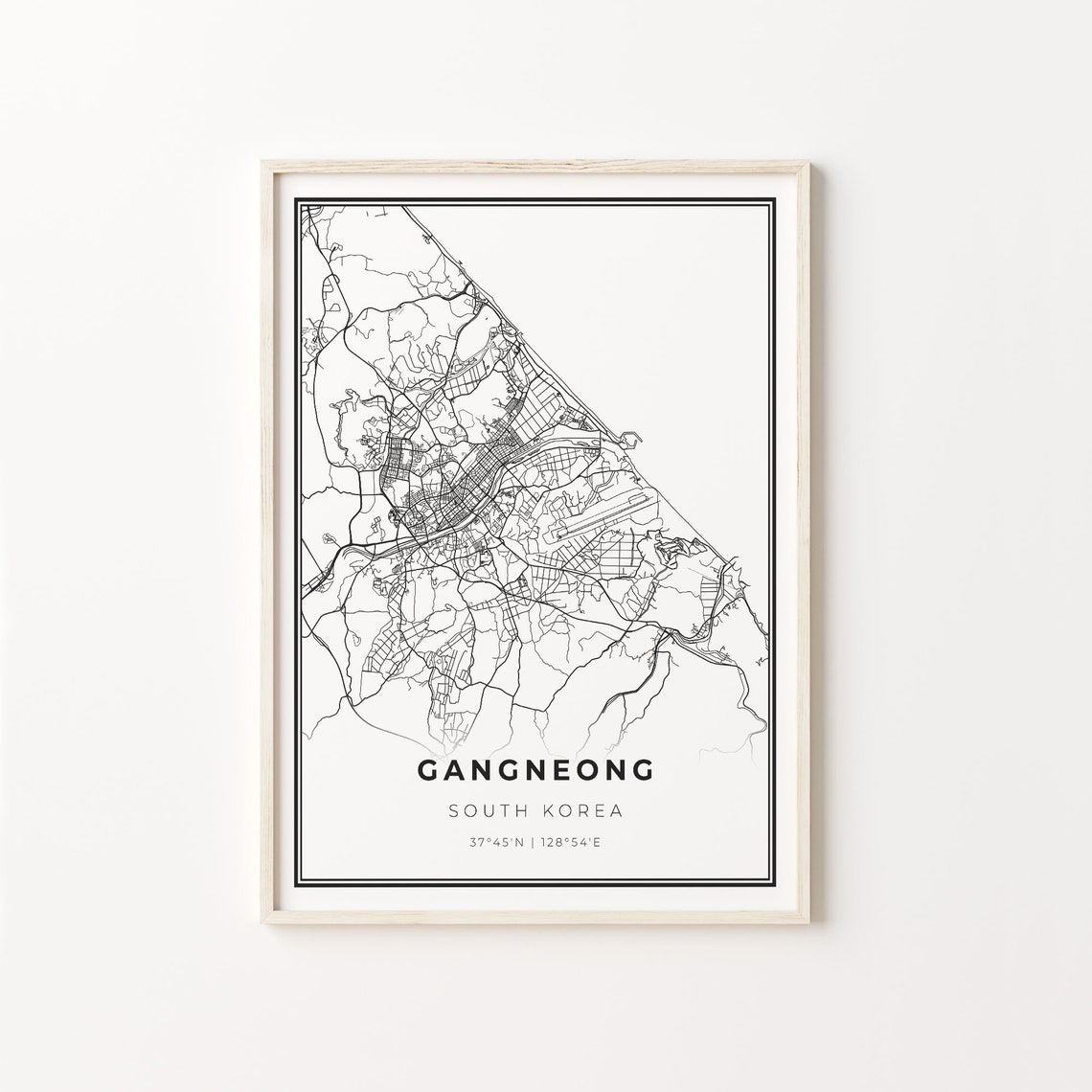Gangneong South Korea Minimalist Black White City Map Art Poster