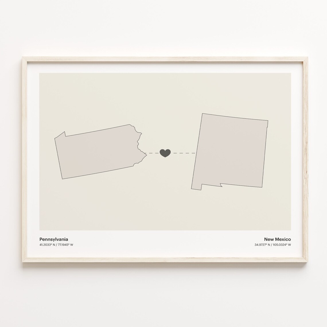Pennsylvania to New Mexico Long Distance Love Heart Connection Map Poster