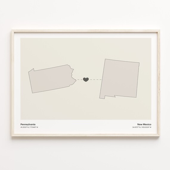 Pennsylvania to New Mexico Long Distance Love Heart Connection Map Poster