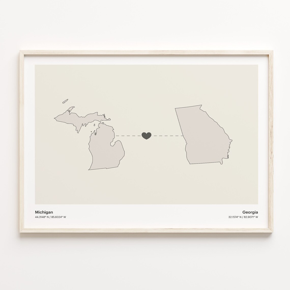 Michigan To Georgia Long Distance Heart Map Couple Gift Poster