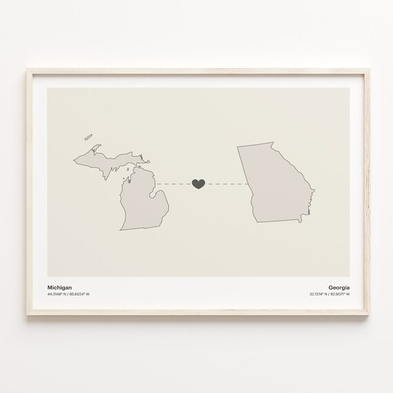 Michigan To Georgia Long Distance Heart Map Couple Gift Poster