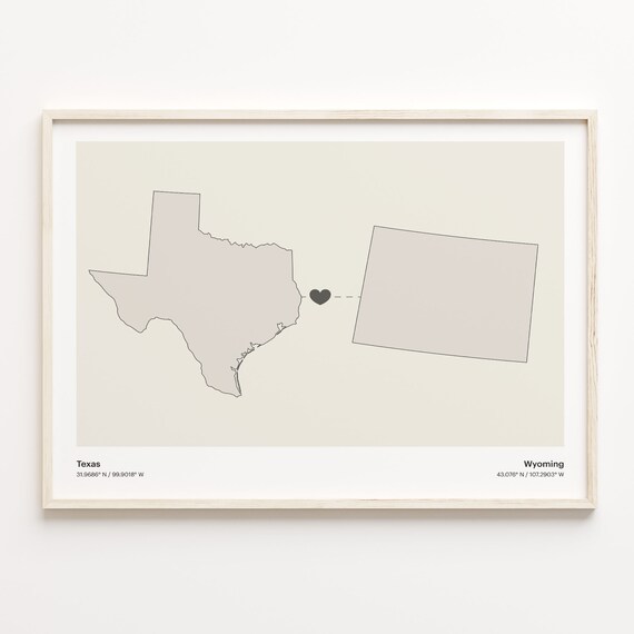Texas To Wyoming Minimalist Heart Long Distance Connection Poster