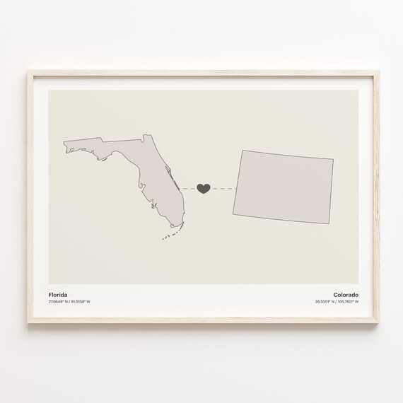 Florida Colorado Beige Minimalist Heart Connection Map Poster