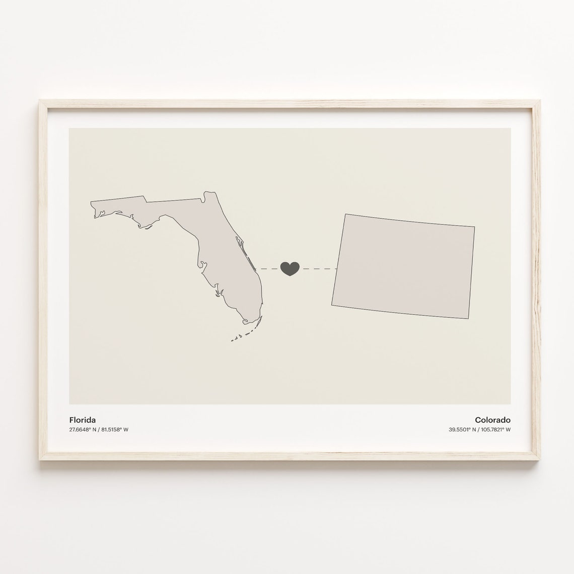 Florida Colorado Beige Minimalist Heart Connection Map Poster