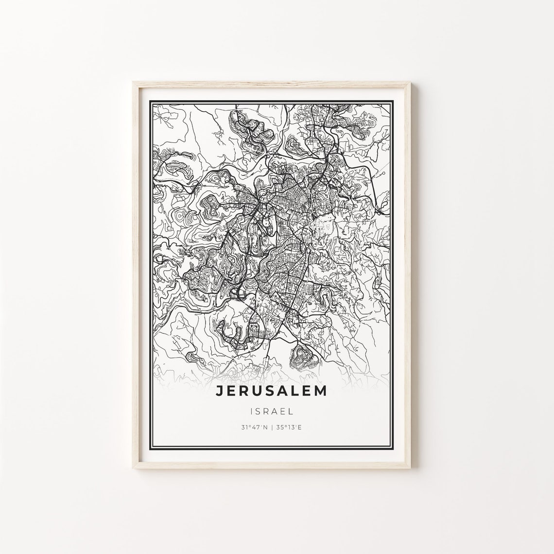 Jerusalem Israel Minimalist Black White City Street Map Art Poster