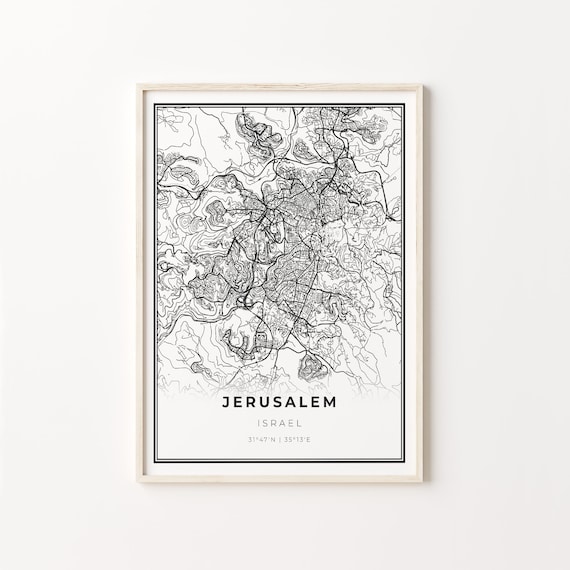 Jerusalem Israel Minimalist Black White City Street Map Art Poster