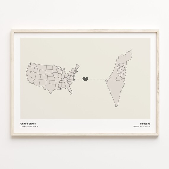 United States To Palestine Minimalist Heart Map Connection Gift Poster