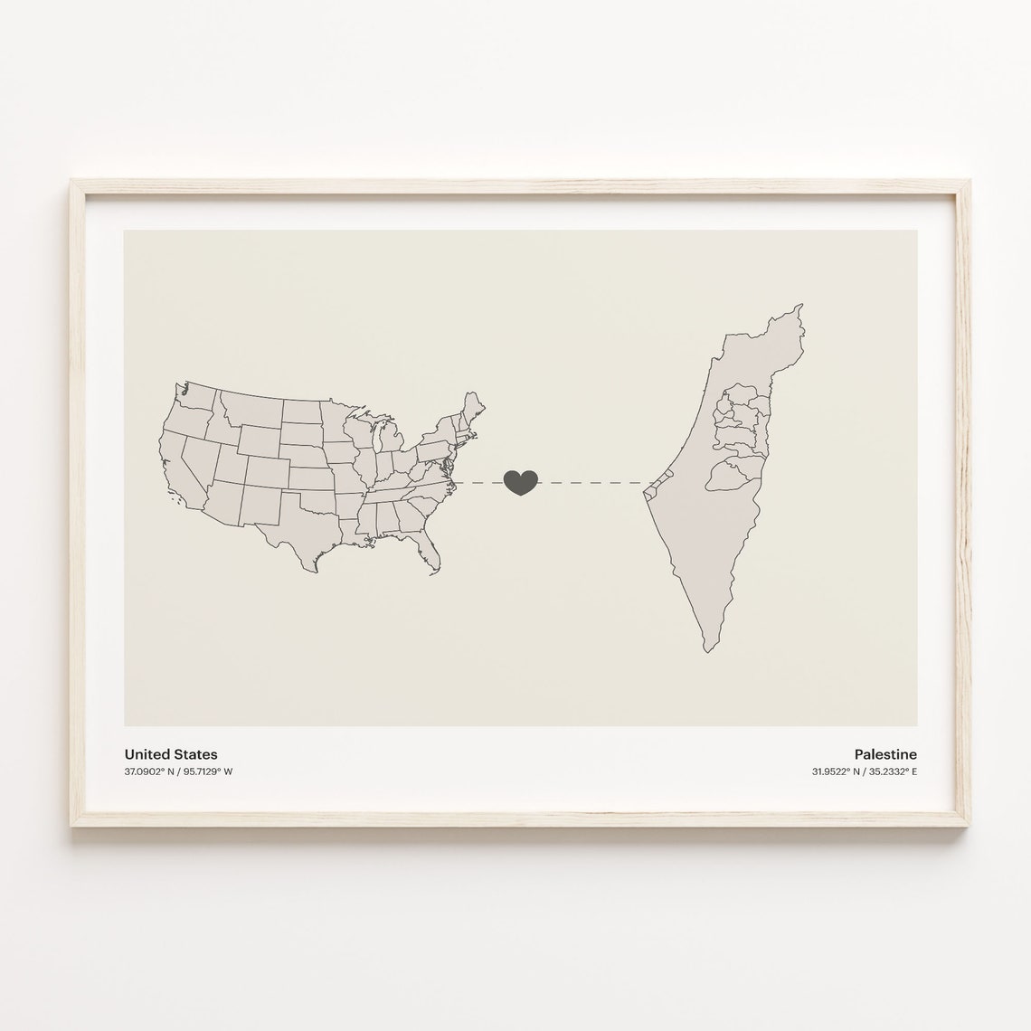 United States To Palestine Minimalist Heart Map Connection Gift Poster