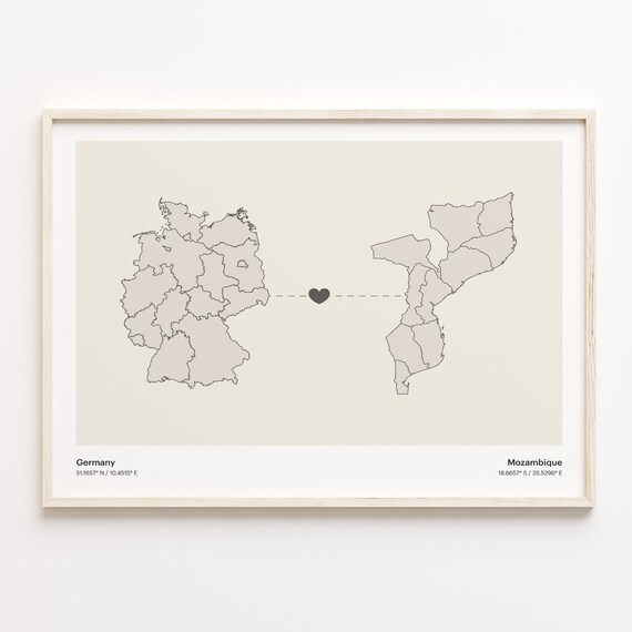 Germany Mozambique Long Distance Heart Connection Map Poster