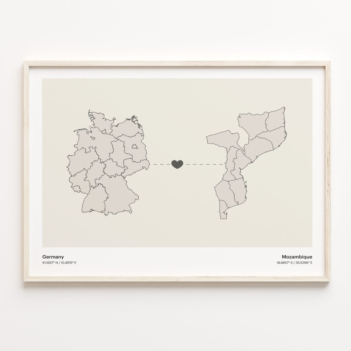 Germany Mozambique Long Distance Heart Connection Map Poster