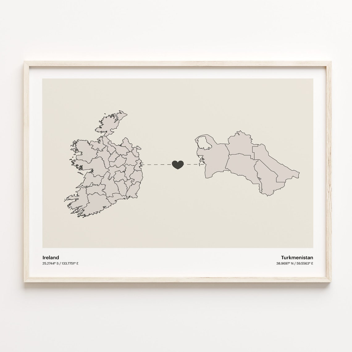Ireland to Turkmenistan Minimalist Heart Map Connection Poster