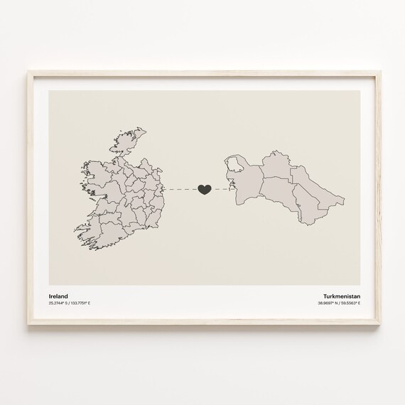 Ireland to Turkmenistan Minimalist Heart Map Connection Poster