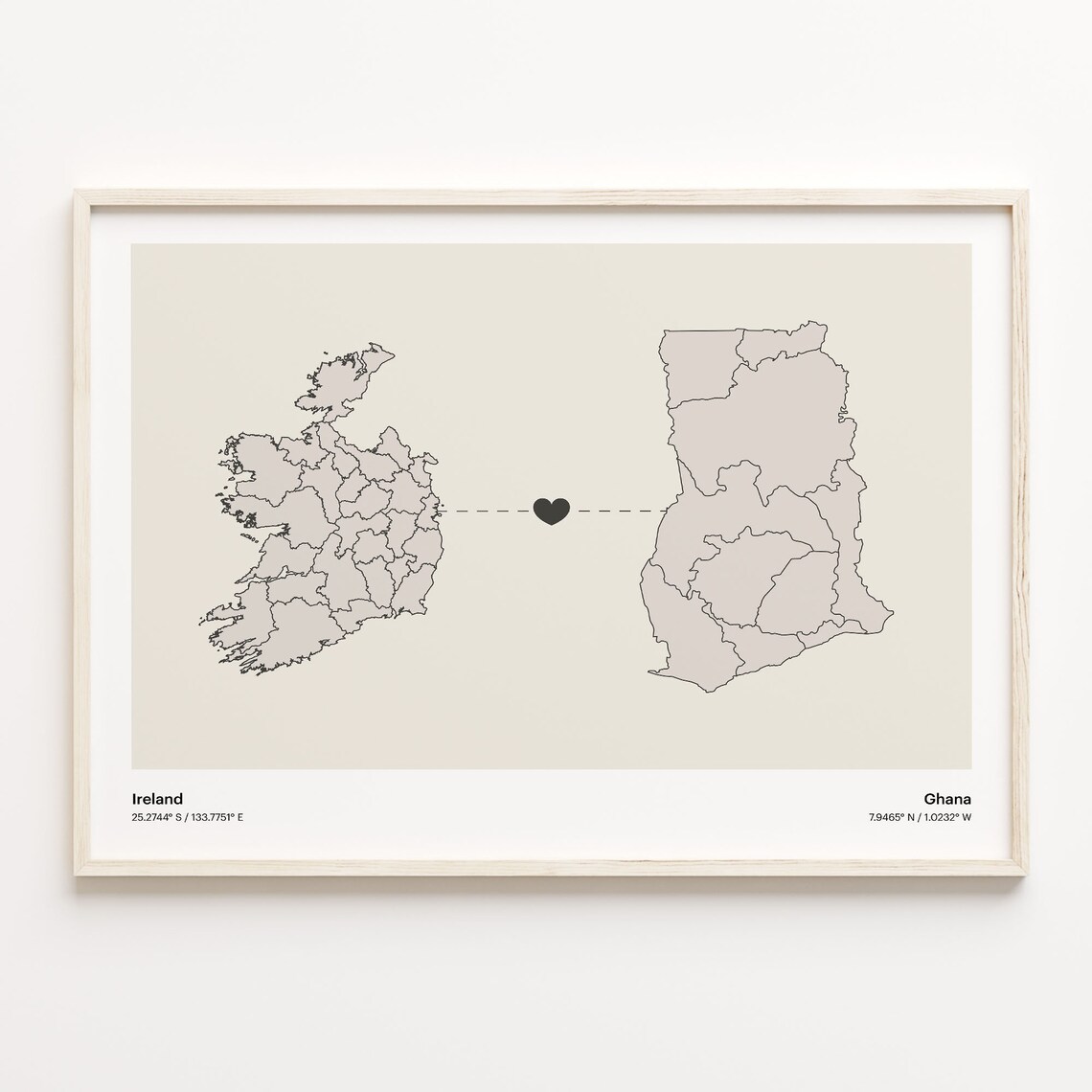 Ireland to Ghana Minimalist Heart Connection Love Map Poster