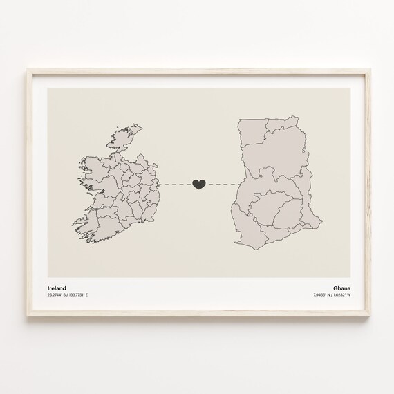 Ireland to Ghana Minimalist Heart Connection Love Map Poster