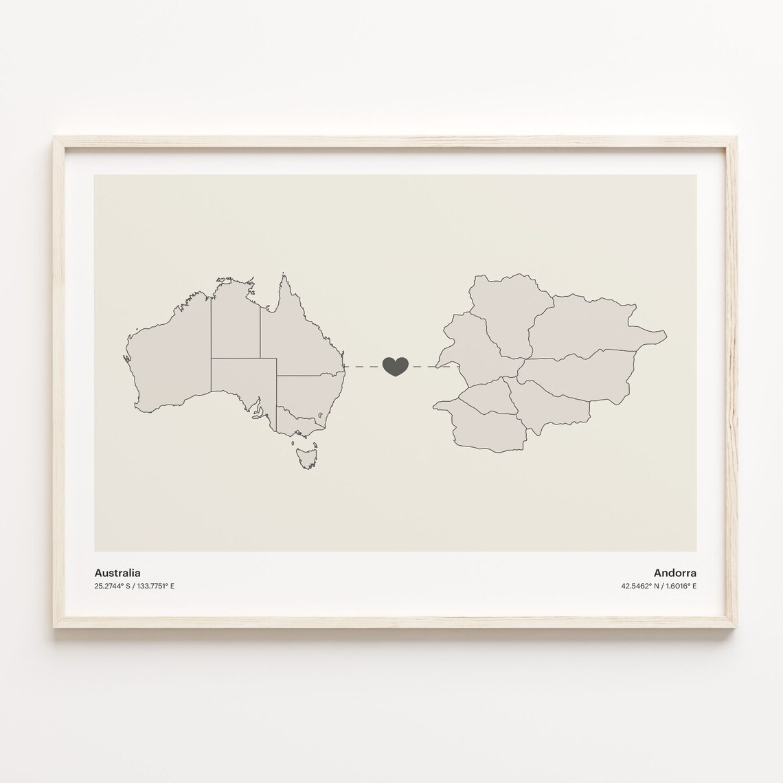 Australia and Andorra Minimalist Long Distance Heart Map Connection Poster