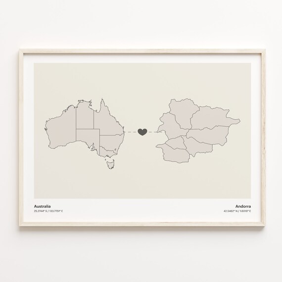 Australia and Andorra Minimalist Long Distance Heart Map Connection Poster