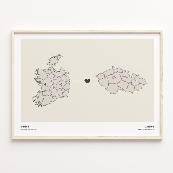 Ireland to Czechia Long Distance Heart Connection Map Poster Gift
