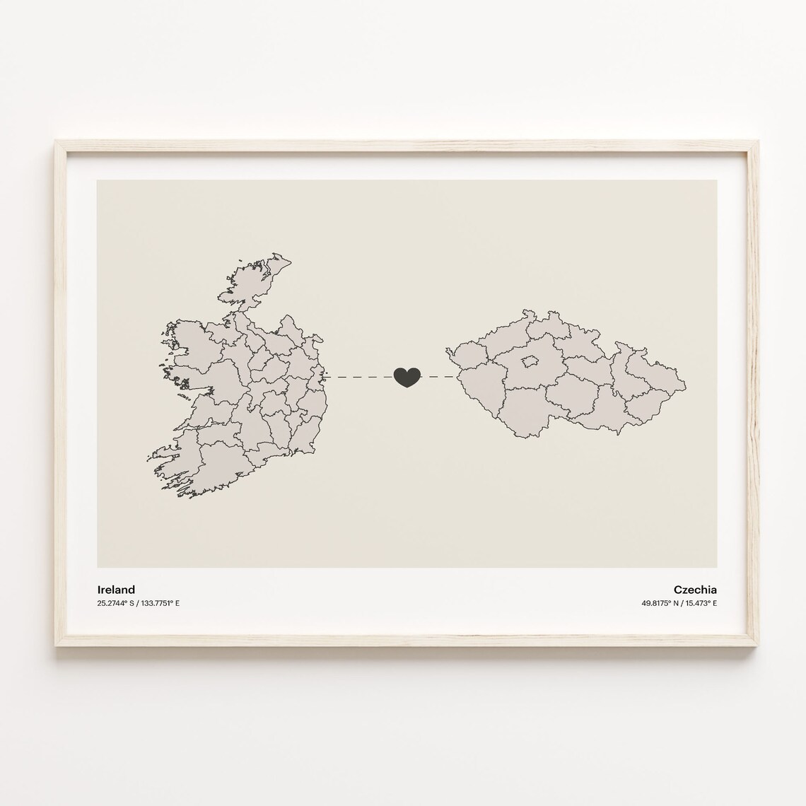Ireland to Czechia Long Distance Heart Connection Map Poster Gift