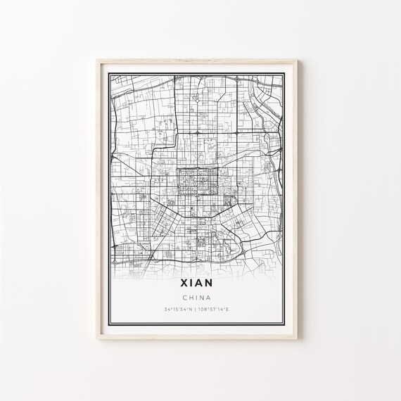 Xian China Minimalist Black White City Street Map Art Poster