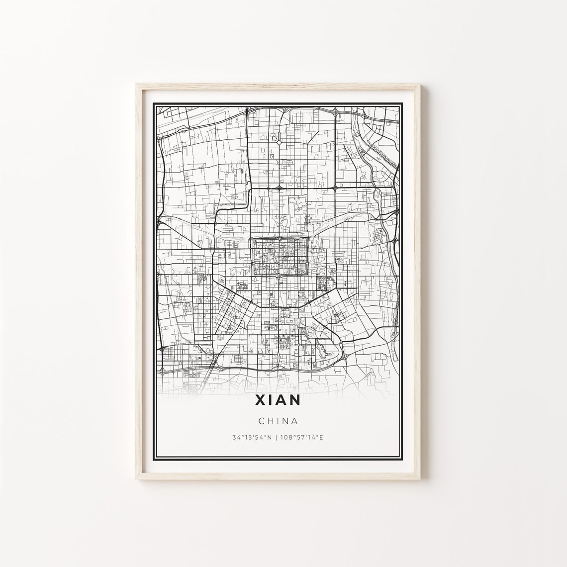 Xian China Minimalist Black White City Street Map Art Poster
