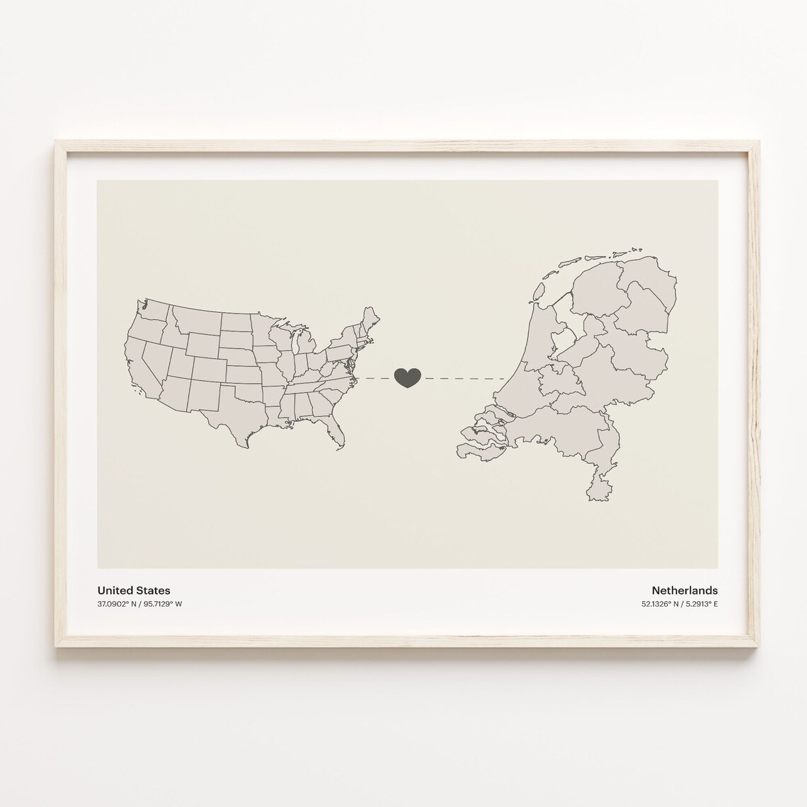 United States to Netherlands Map Poster, Minimalist Gift