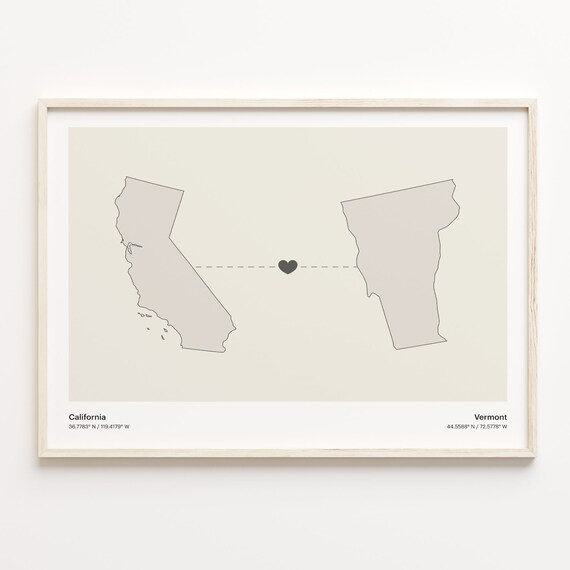 California To Vermont Minimalist Long Distance Love Map Poster