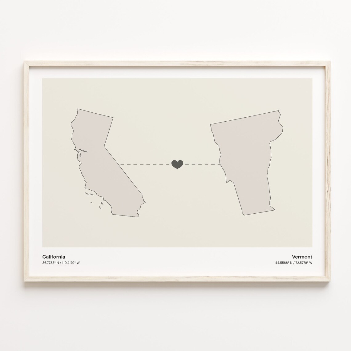 California To Vermont Minimalist Long Distance Love Map Poster