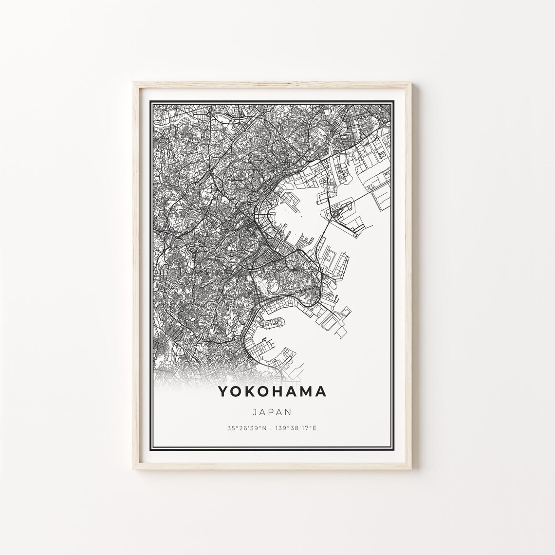 Yokohama Japan Minimalist Black and White City Street Map Poster