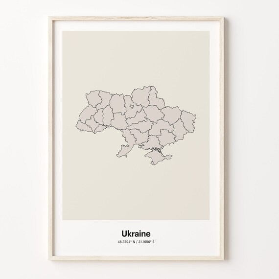 Ukraine Minimalist Map Poster With Printed Coordinates Neutral Home Decor