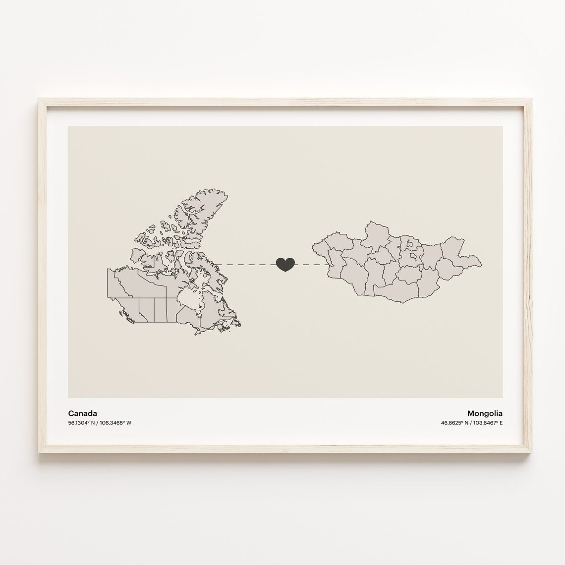 Canada To Mongolia Minimalist Love Connection Map Travel Poster