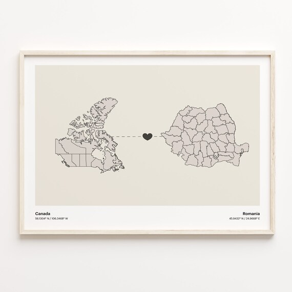 Canada to Romania Minimalist Heart Connection Map Art Poster