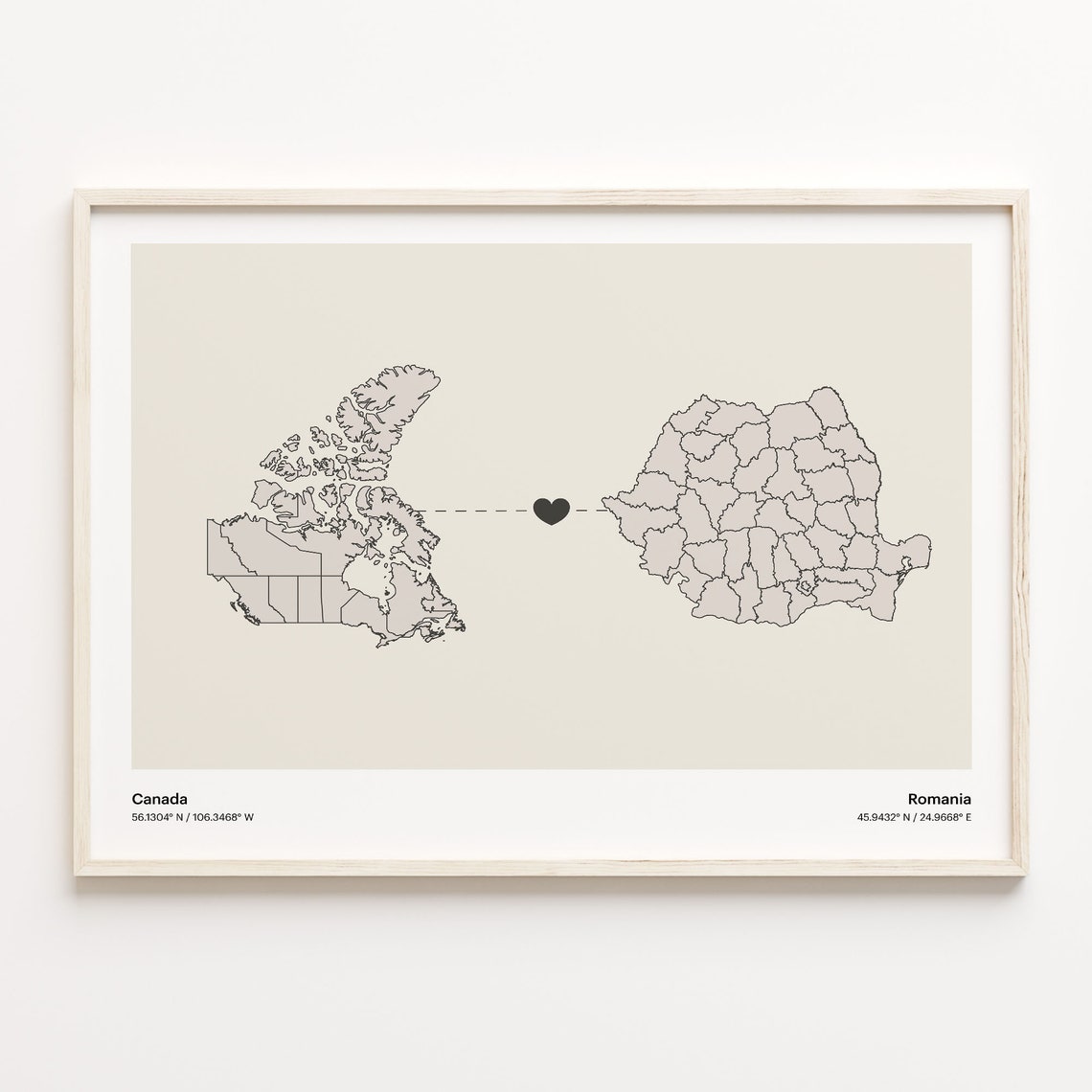 Canada to Romania Minimalist Heart Connection Map Art Poster