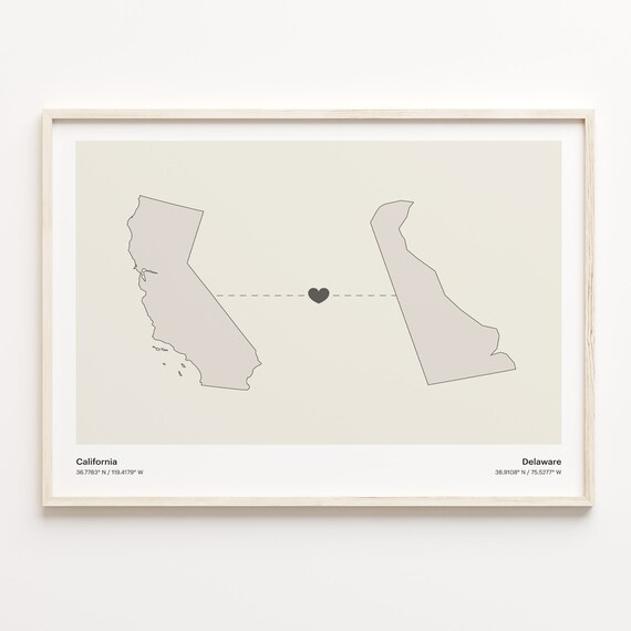 California and Delaware Long Distance Heart Connection Map Poster
