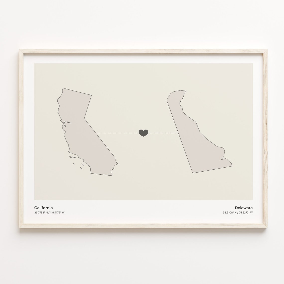 California and Delaware Long Distance Heart Connection Map Poster