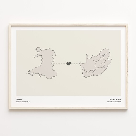 Wales And South Africa Long Distance Love Minimalist Heart Map Poster