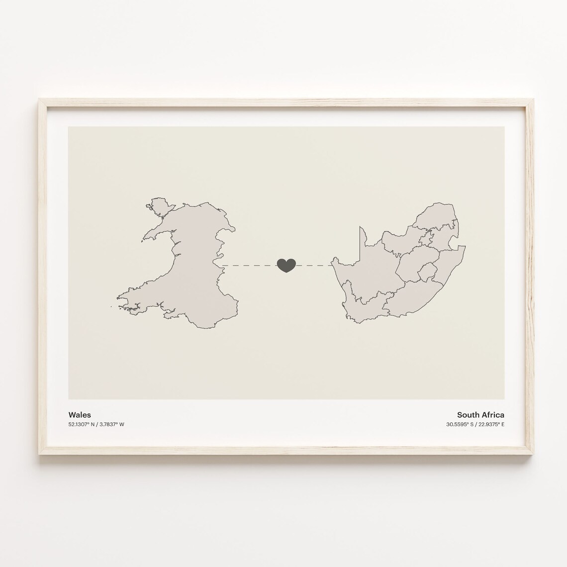 Wales And South Africa Long Distance Love Minimalist Heart Map Poster