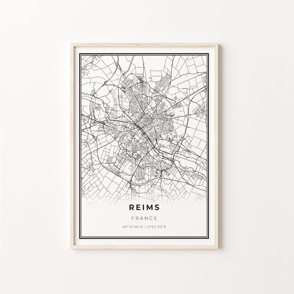 Reims France Minimalist Black White City Street Map Art Poster