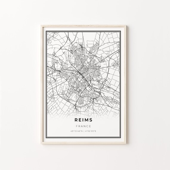 Reims France Minimalist Black White City Street Map Art Poster