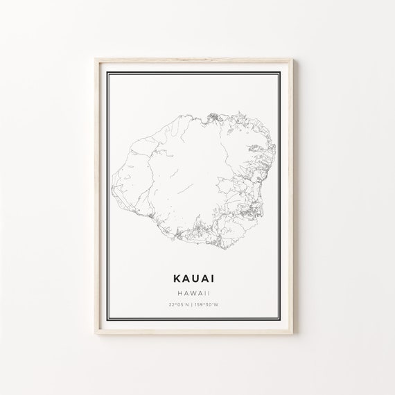 Kauai City Map Art Poster, Modern Black and White