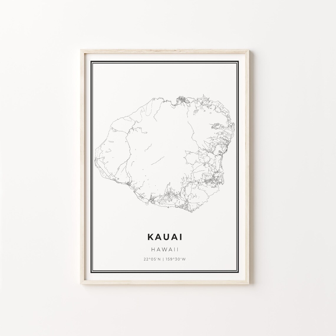Kauai City Map Art Poster, Modern Black and White