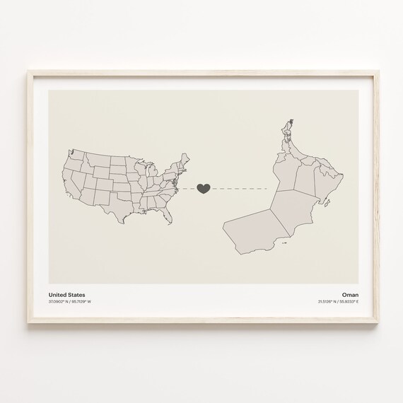 United States To Oman Long Distance Heart Connection Map Poster