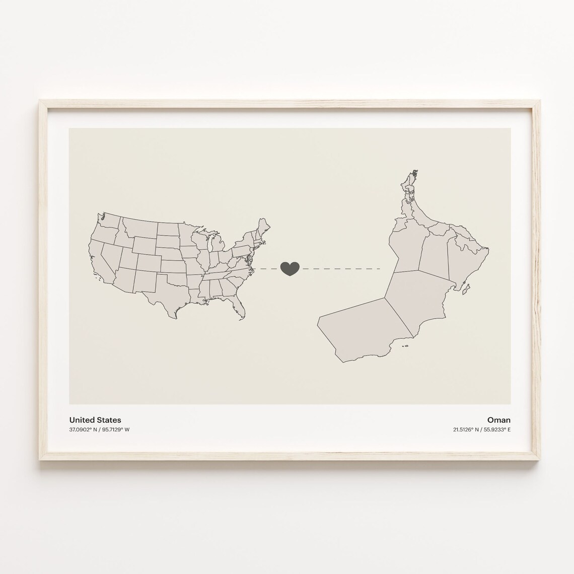 United States To Oman Long Distance Heart Connection Map Poster