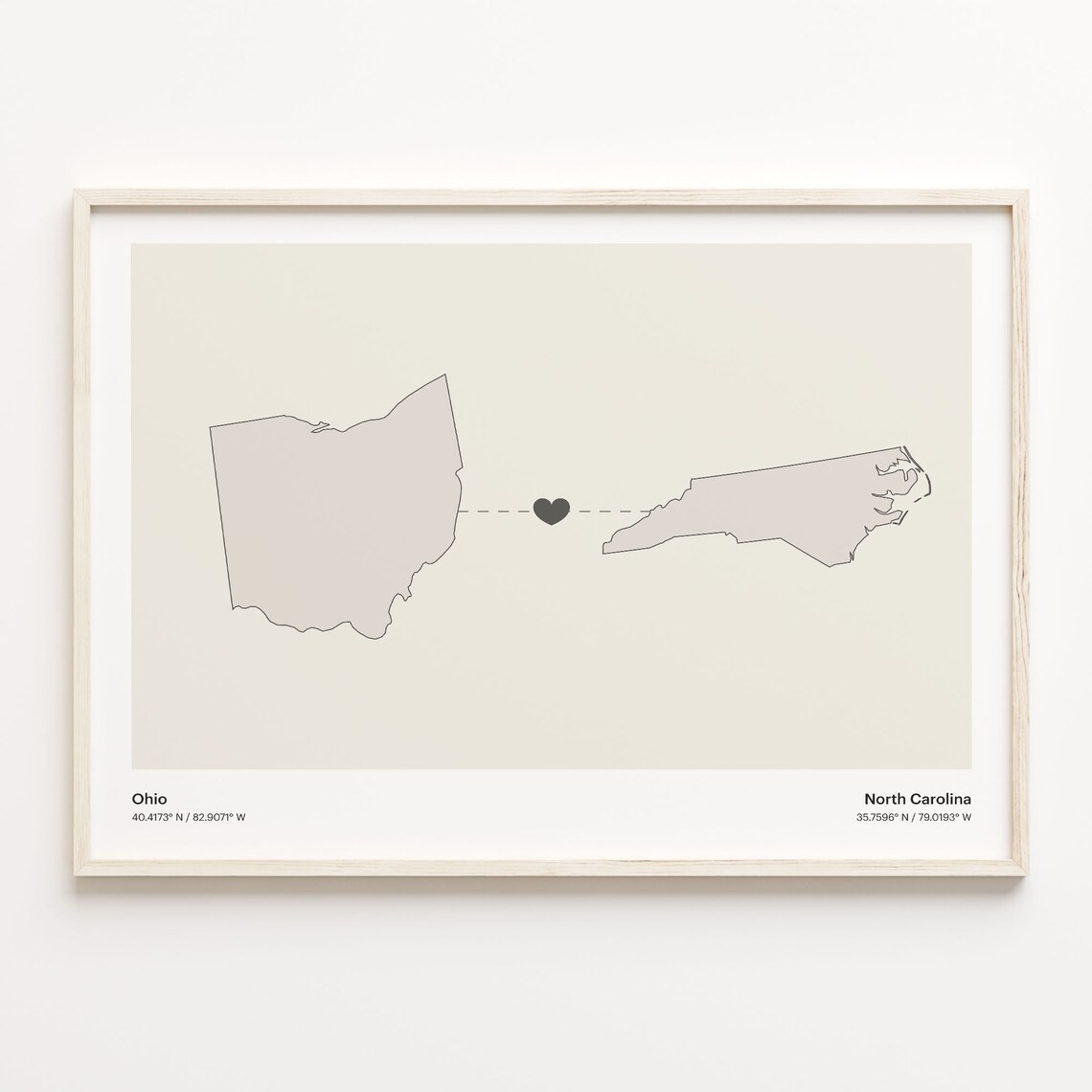 Ohio North Carolina Long Distance Connection Heart Map Poster