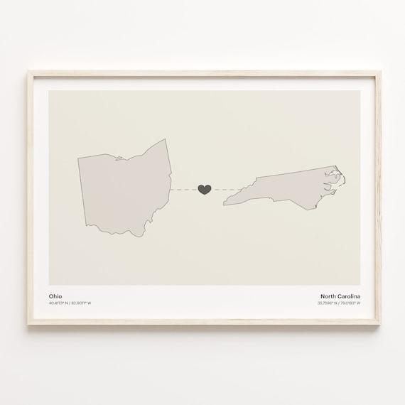 Ohio North Carolina Long Distance Connection Heart Map Poster