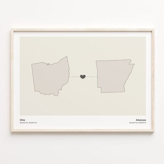 Ohio to Arkansas Long Distance Love Heart Connection Map Poster