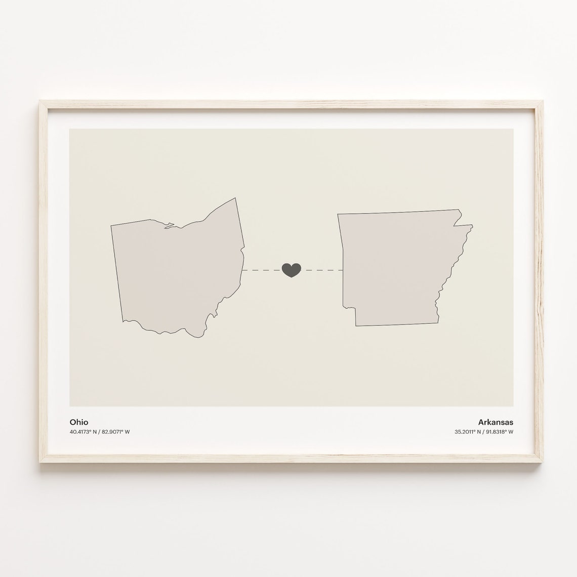 Ohio to Arkansas Long Distance Love Heart Connection Map Poster