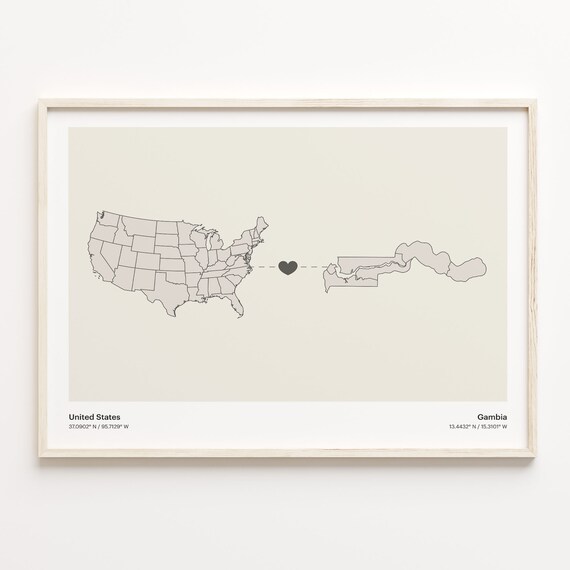 United States To Gambia Long Distance Heart Connection Map Poster