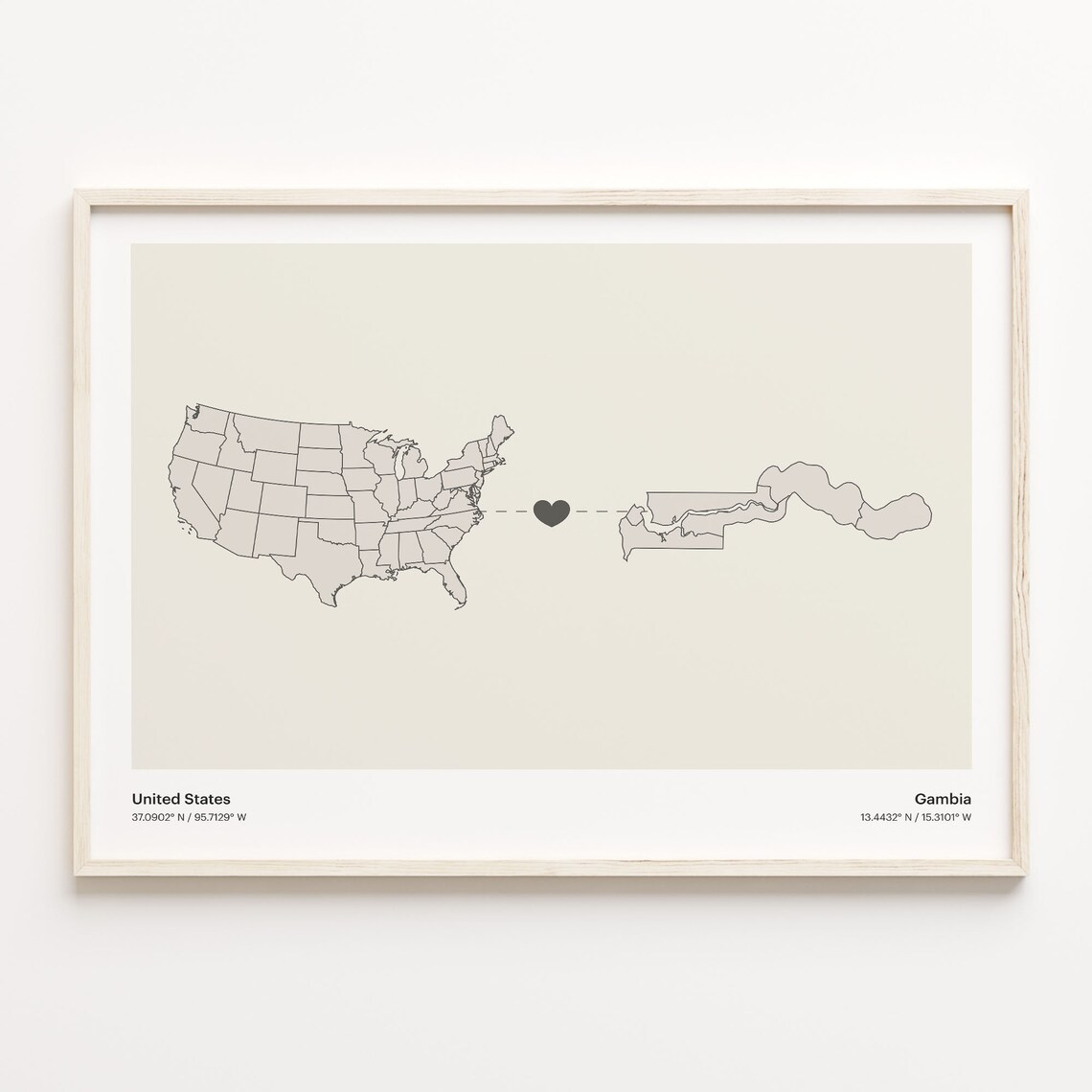 United States To Gambia Long Distance Heart Connection Map Poster
